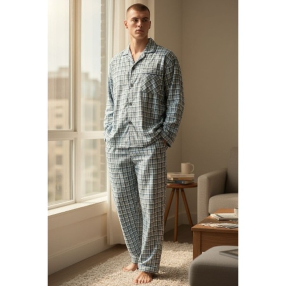 Hanes Mens Pajama Set Green Blue Plaid 2 Piece Sleepwear Cotton Blend Medium